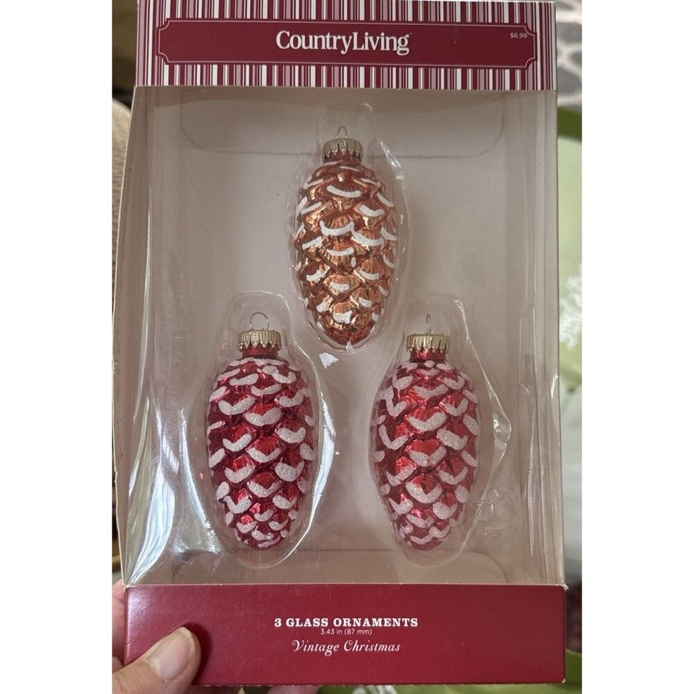 Vintage Pinecone Ornaments Christmas Country Living Pink Orange Blown Glass Box